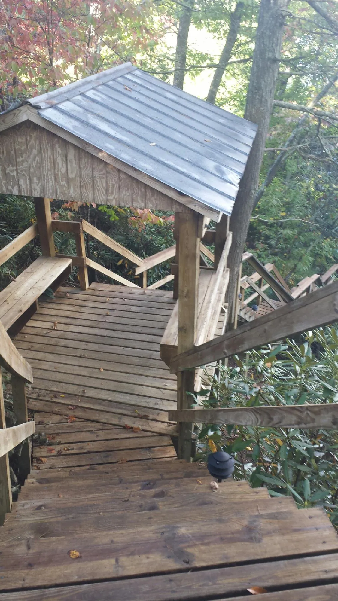 Metal roofed shelter over wooden steps on a wooded walkway — Skylight Repair & Installation work by our crew in Monteagle